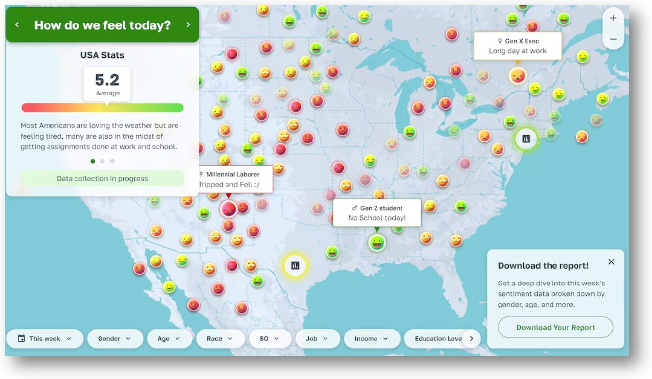 The Real Feel’s national mood heatmap and demographic dashboard, as pictured in 2024