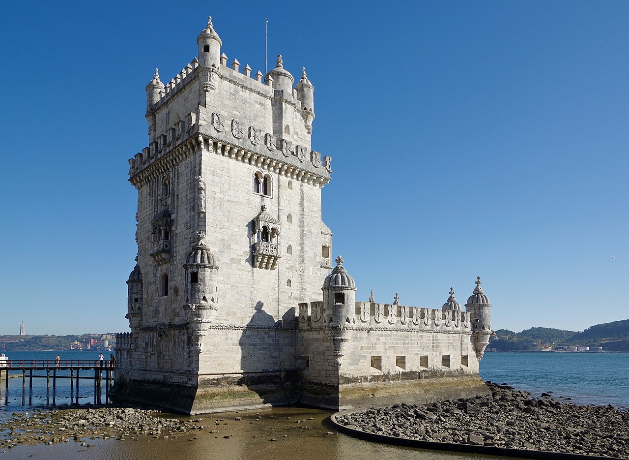 Black-and-white architectural view of Belém Tower showing its bastion and carved turrets