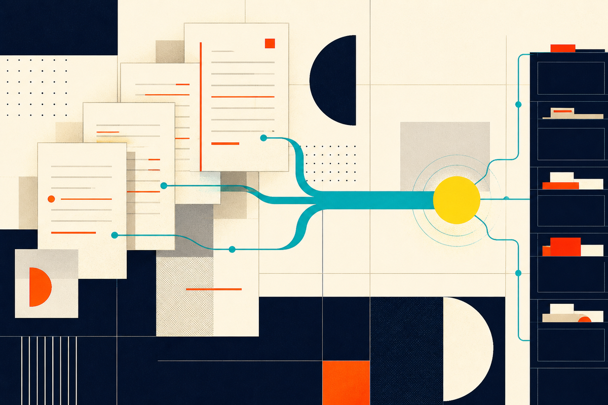Abstract documents flowing through a connected geometric legal-work system