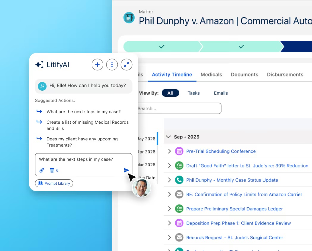 Litify matter-management interface showing case information and workflow details