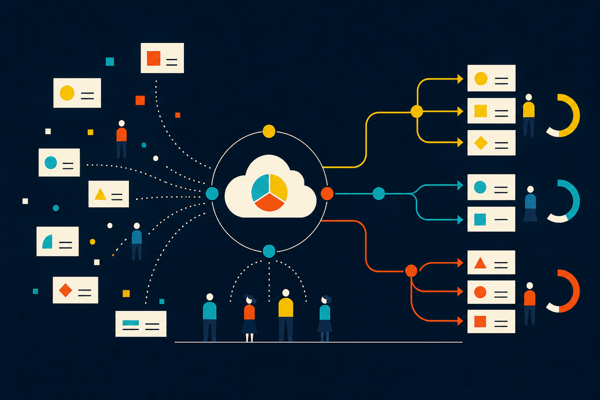 Geometric illustration of learning cards flowing through a cloud platform to distributed groups