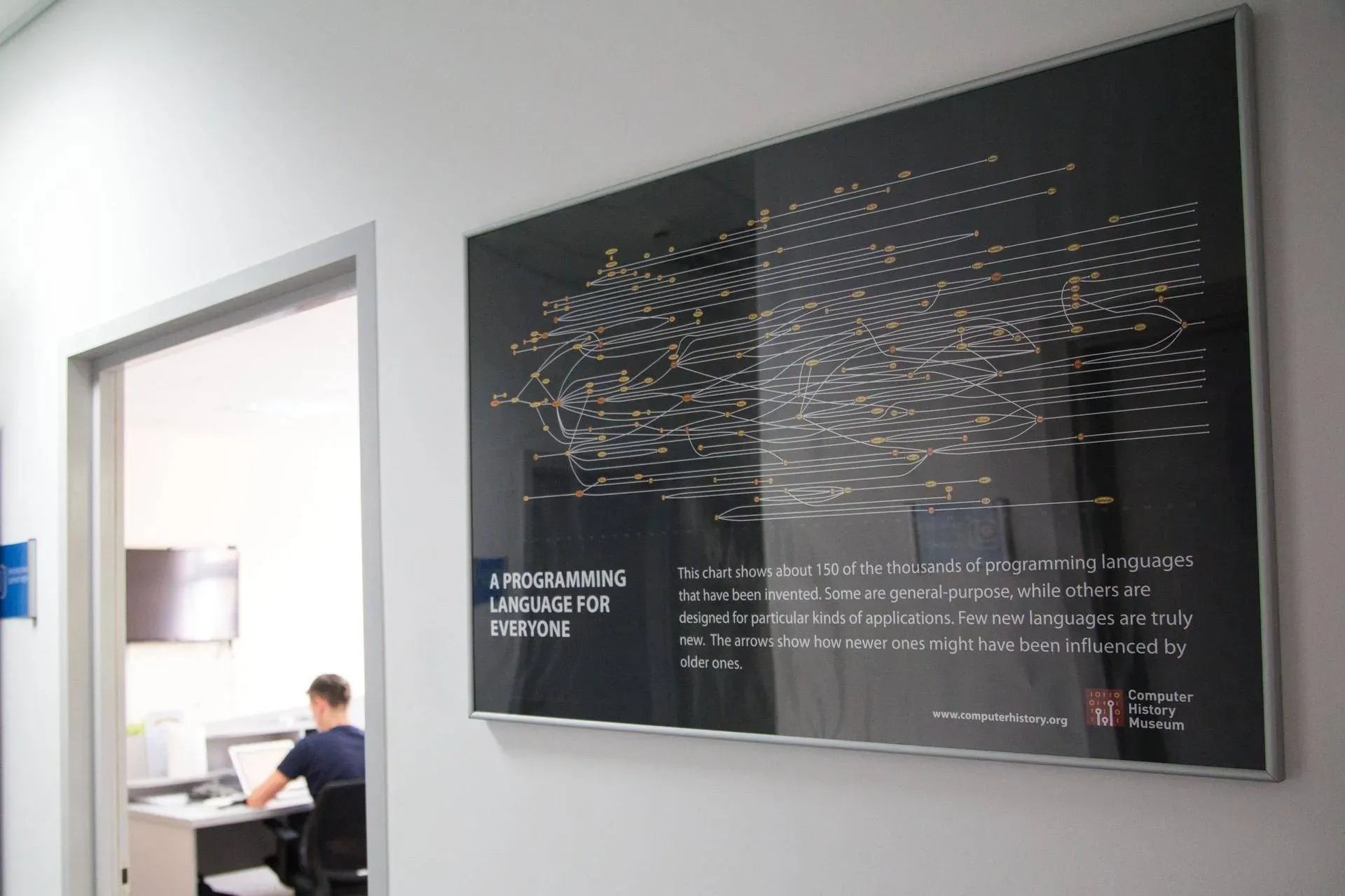 A programming-language family-tree poster beside a doorway into a workspace in LITSLINK’s office gallery