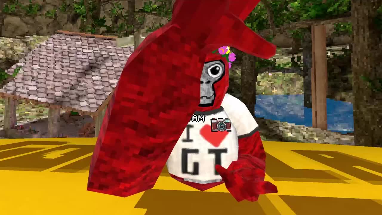 A red Gorilla Tag character reaches toward an in-game LIV camera