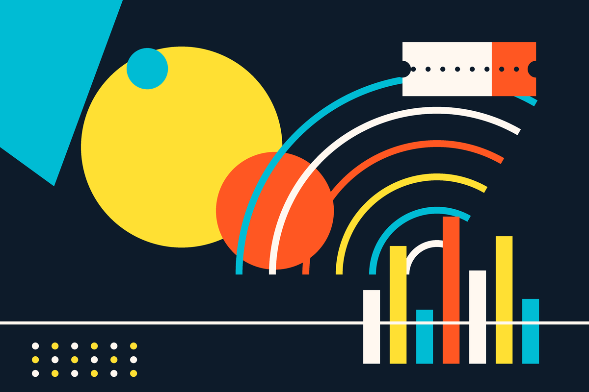 Swiss-style abstract graphic of spotlights, sound waves, a ticket and an equalizer