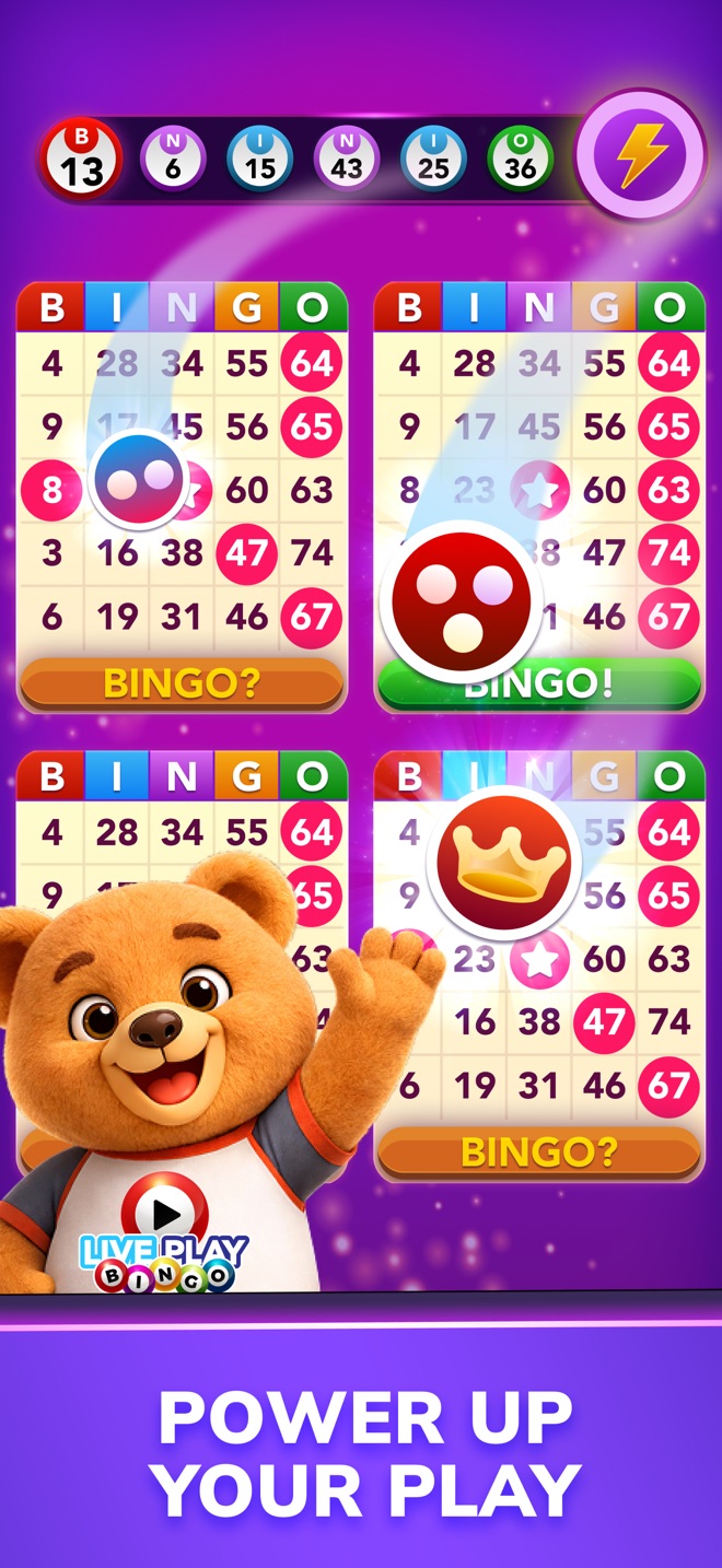 Four bingo cards in play with power-up markers and a cartoon bear mascot