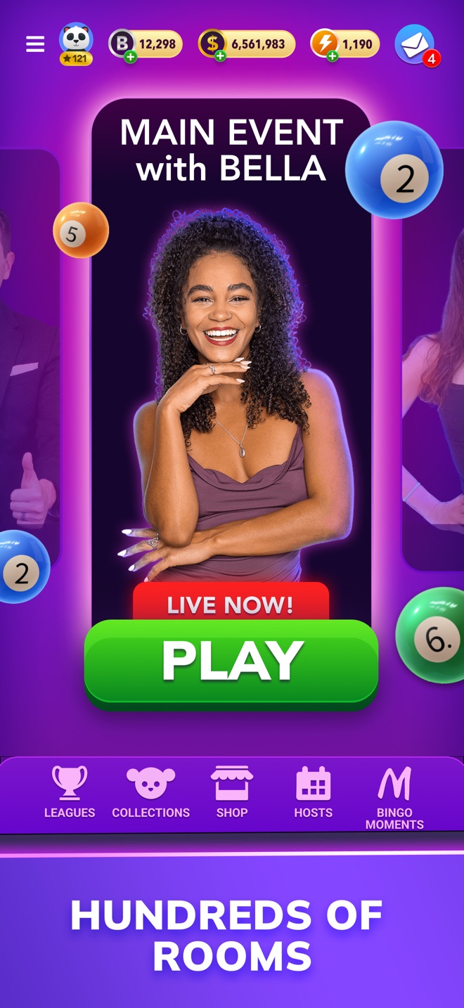 Live Play Bingo lobby showing a Main Event host and a green Play button