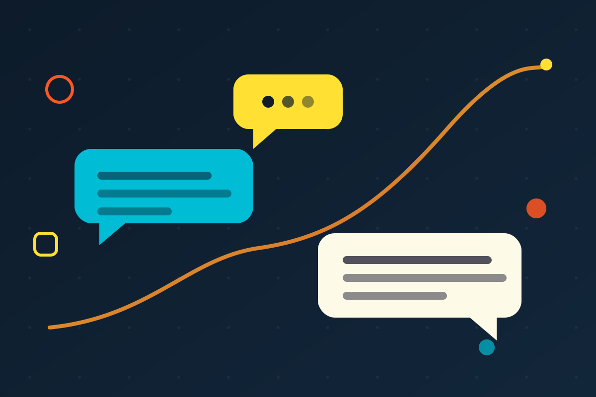 Stylized illustration of live chat bubbles rising along a growth curve