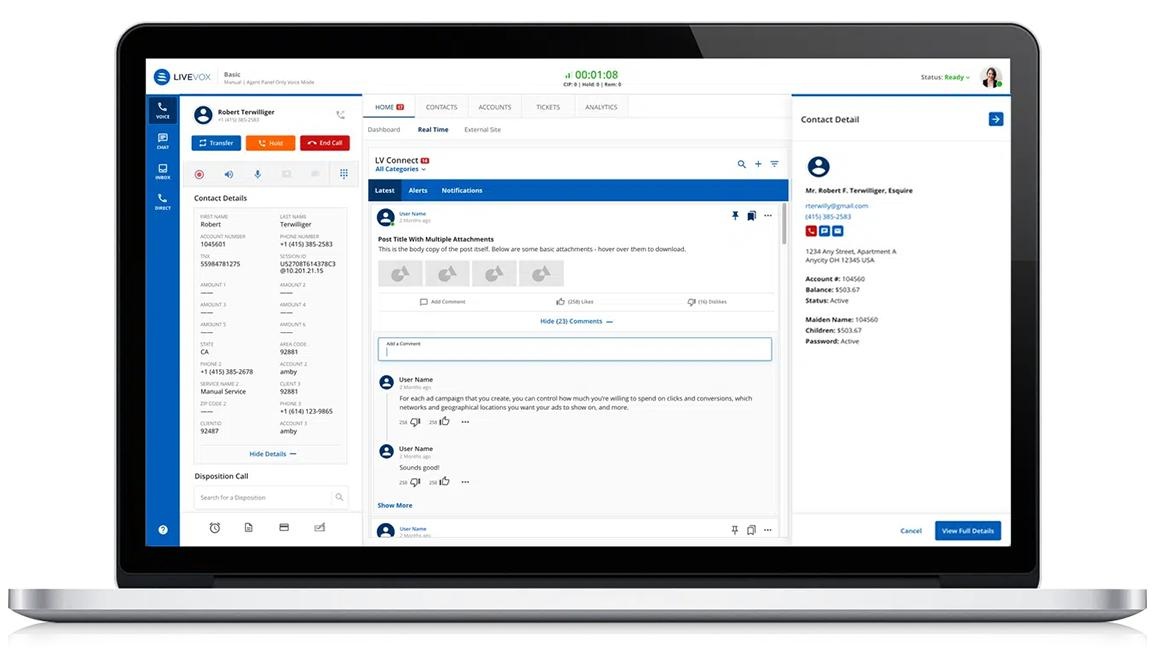LiveVox product image showing an agent desktop with customer details and a team collaboration feed