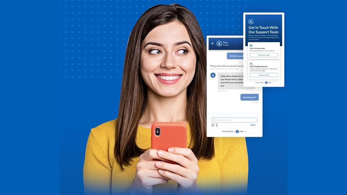 LiveVox marketing illustration of a customer using a phone beside web chat and support widgets