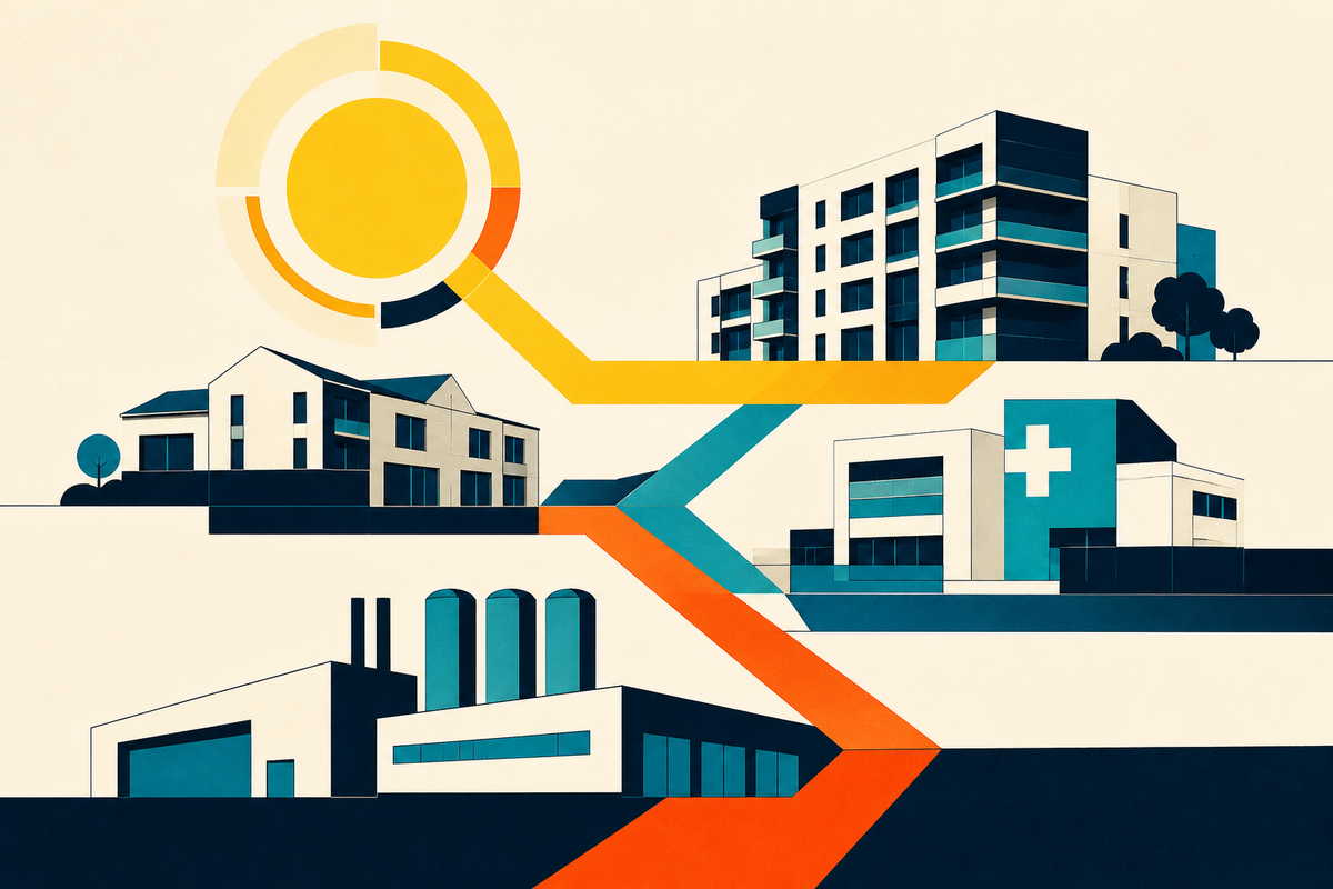 Abstract Swiss-style composition connecting housing, healthcare and industrial buildings with geometric paths