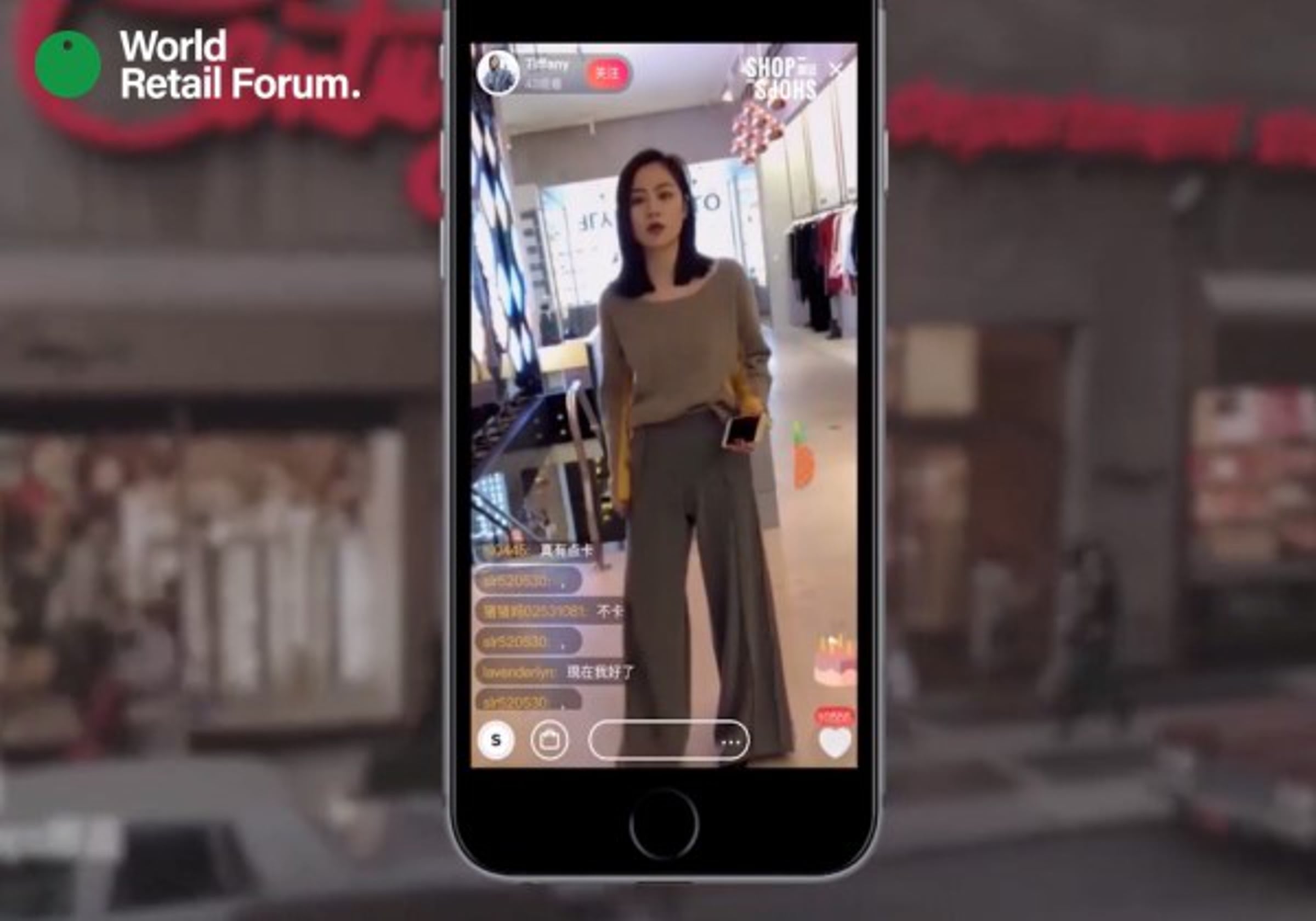 A ShopShops livestream demonstration shown on a smartphone during a retail forum