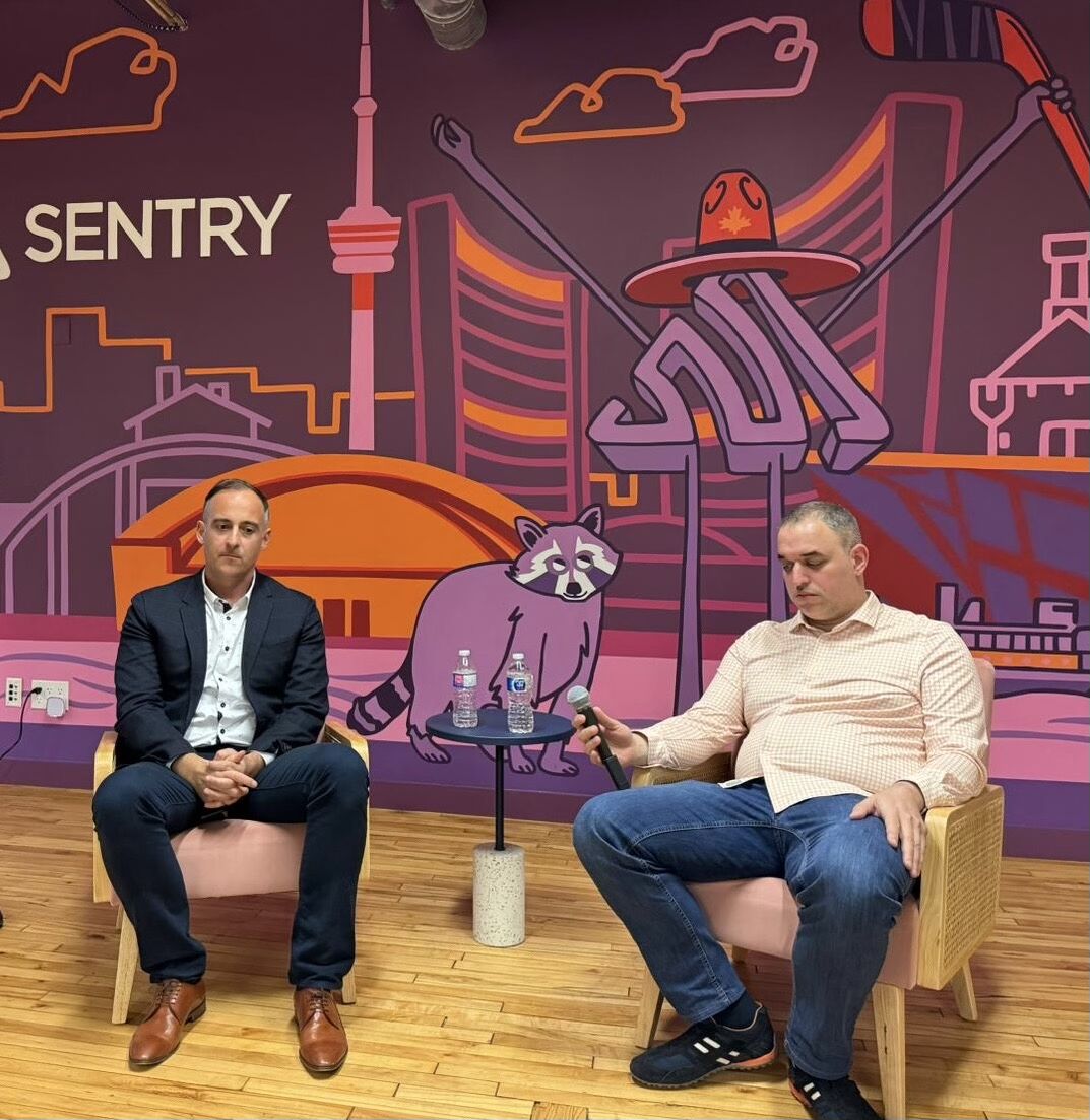 Tihomir Bajić and Ljubisa Bajic seated for a conversation at Sentry in Toronto