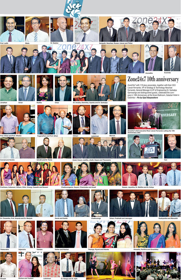 Daily FT photo spread of Zone24x7’s tenth anniversary in Colombo, including Llavan Fernando, colleagues, guests and the anniversary cake