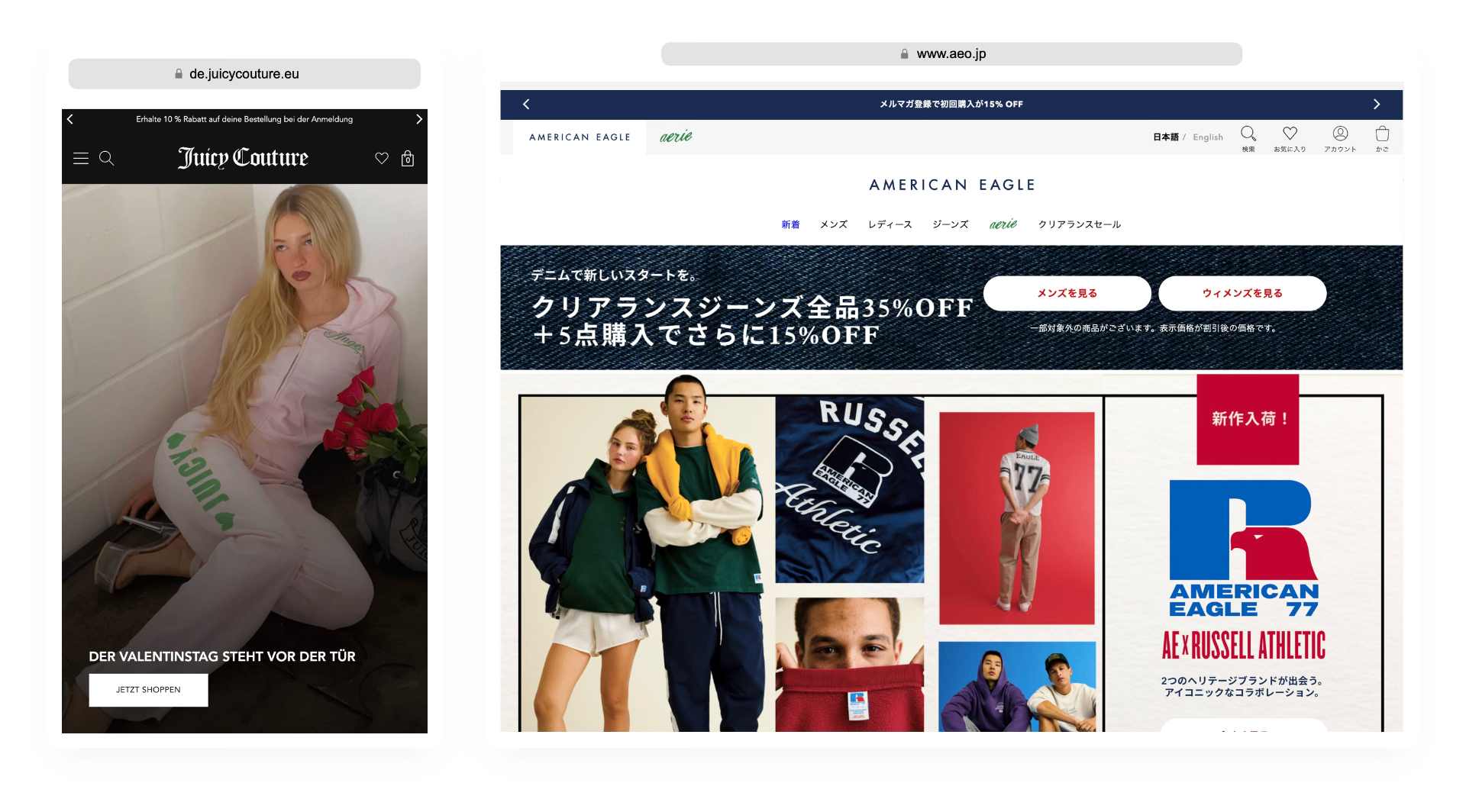 Localised’s published examples of a German Juicy Couture mobile storefront and a Japanese American Eagle desktop storefront