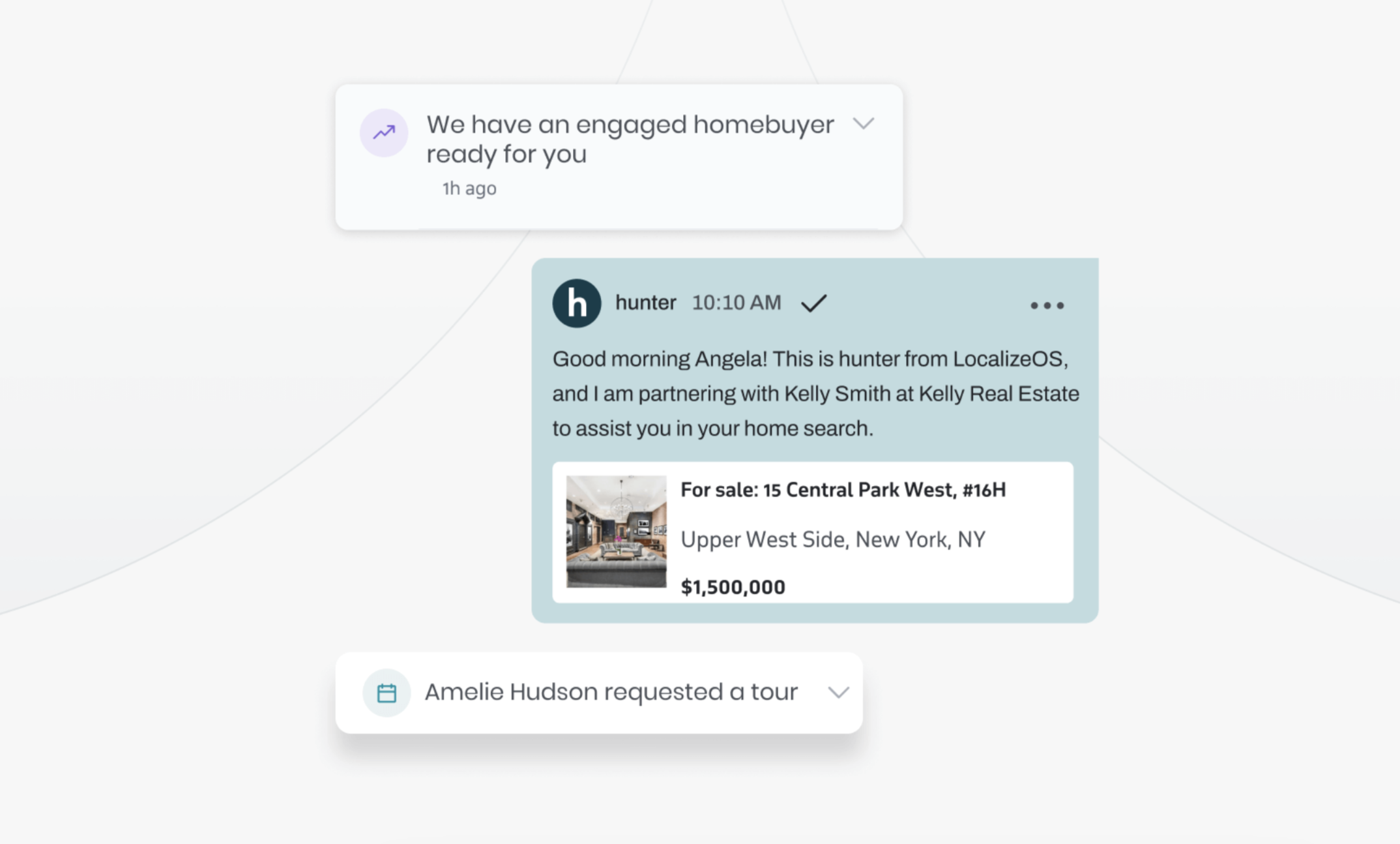 LocalizeOS product view showing an engaged homebuyer, text conversation and property recommendation