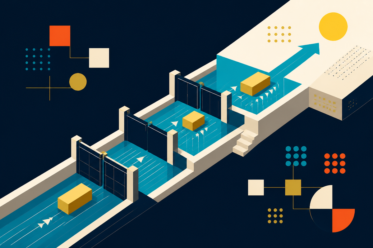 Abstract Swiss-style illustration of gold blocks rising through a geometric canal lock