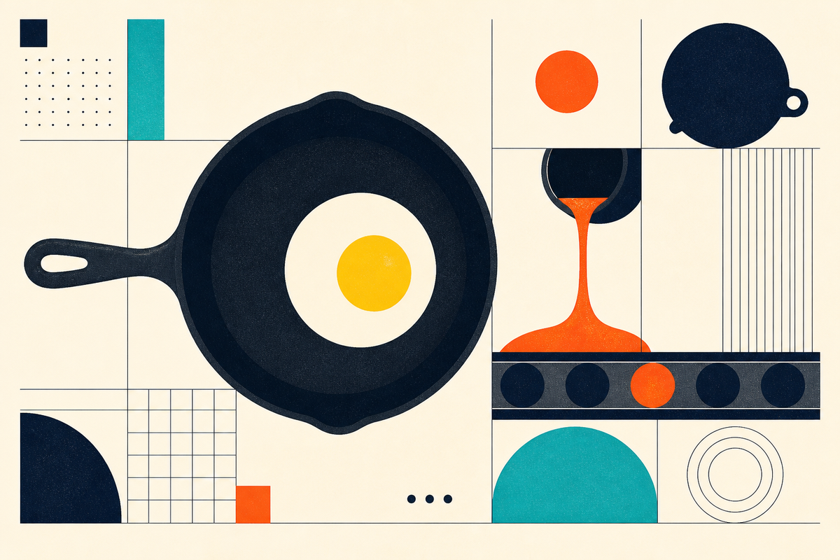 Abstract Swiss-style illustration of a cast-iron skillet, egg, molten iron, and a foundry line