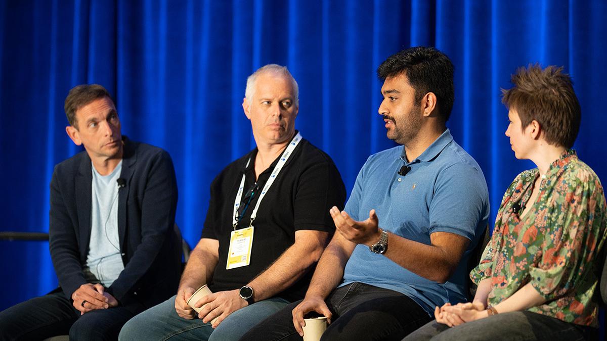 Logan Sugarman, far left, seated on the SHRM25 panel with Hagai Horovitz, Zain Zaidi and Deborah Hanus.