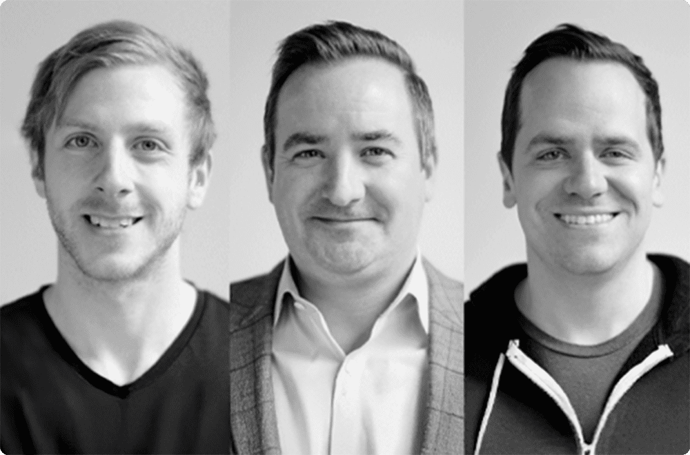 Black and white composite portrait of LogicGate founders Matt Kunkel, Jon Siegler, and Dan Campbell