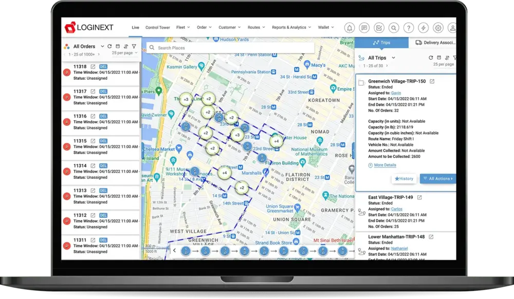 LogiNext Mile product illustration showing orders, planned routes and trip details on a Manhattan map