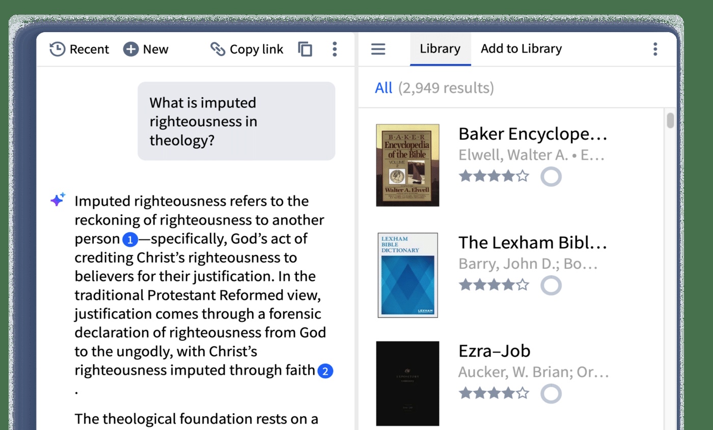 Logos Study Assistant screenshot showing a theological question, a cited answer, and a library pane