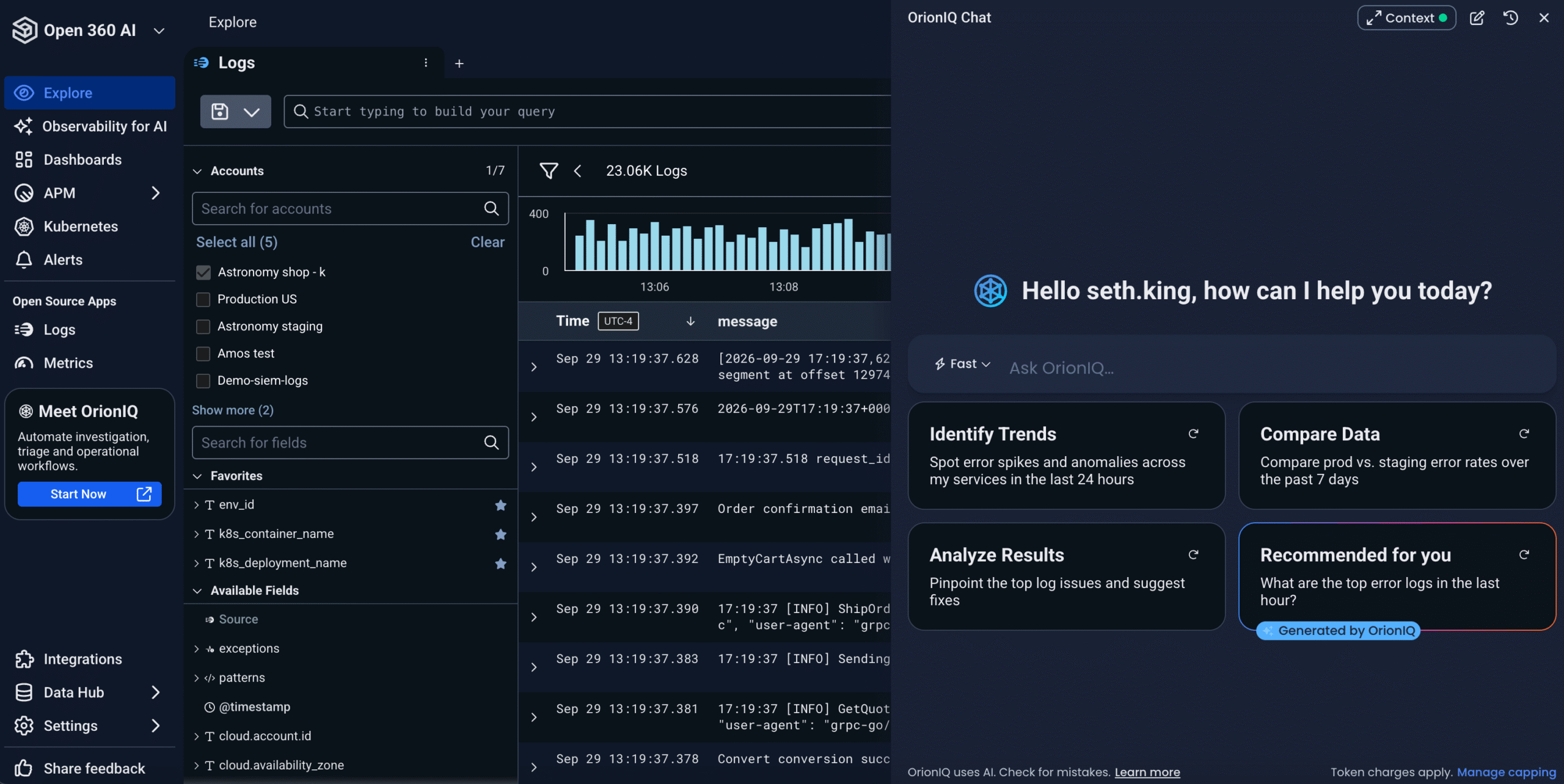 Logz.io AI Agent interface showing a conversational investigation beside telemetry