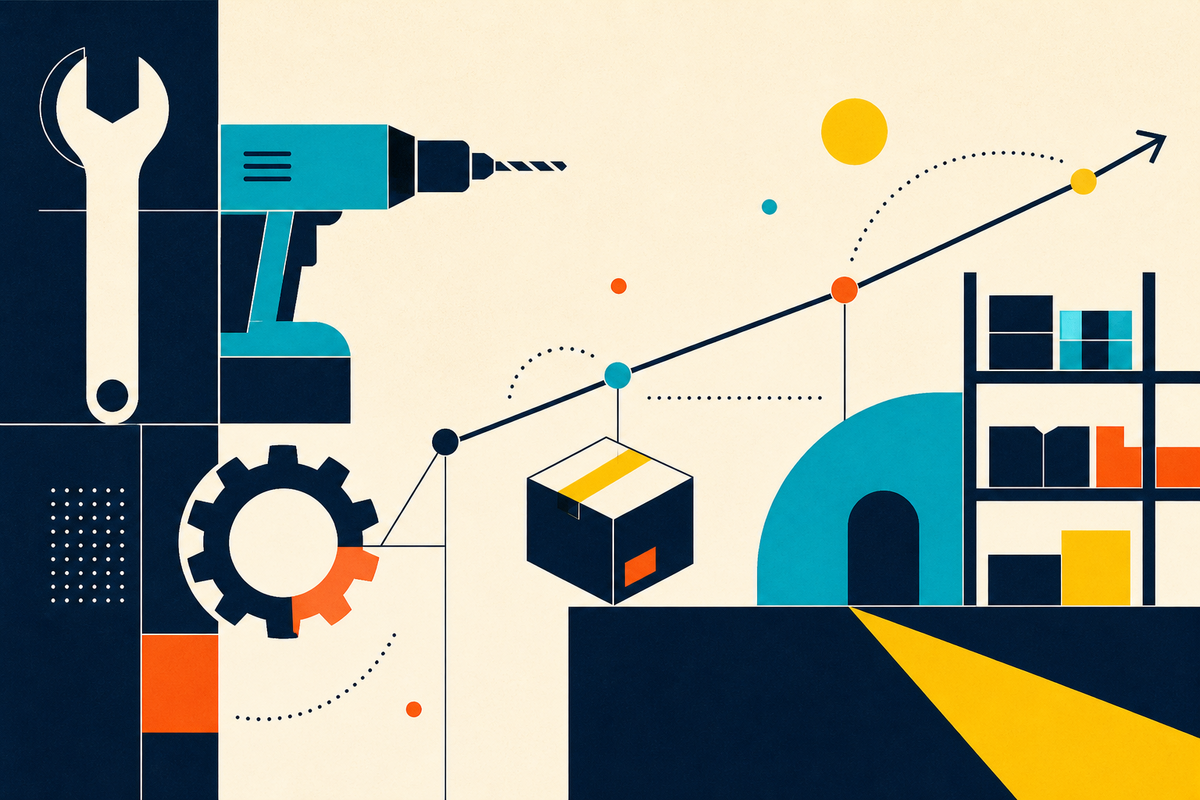 Abstract Swiss-style composition of a wrench, drill, parcel and warehouse connected along a rising route