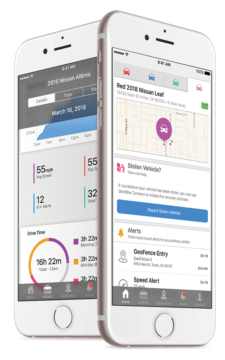 Illustrative LoJack consumer app screen showing vehicle activity