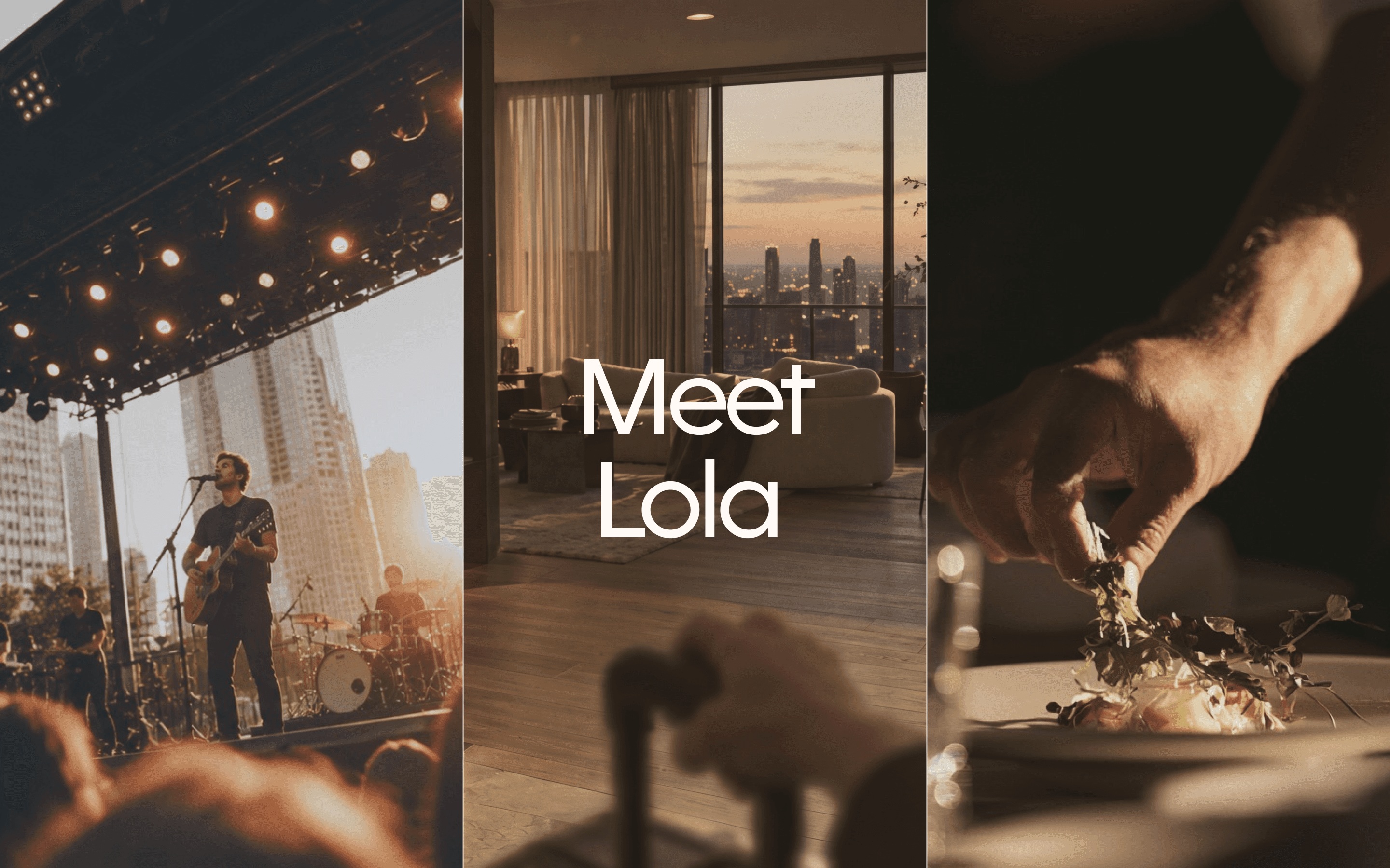 Lola promotional montage showing a live performance, a hotel interior and a plated meal