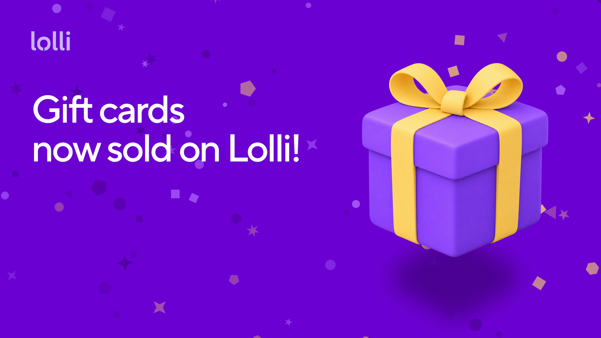 Lolli promotional artwork announcing gift cards with a purple gift box and yellow ribbon