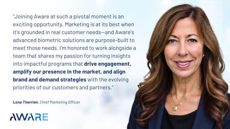 Aware announcement graphic quoting Lona Therrien on customer needs, engagement, and brand strategy