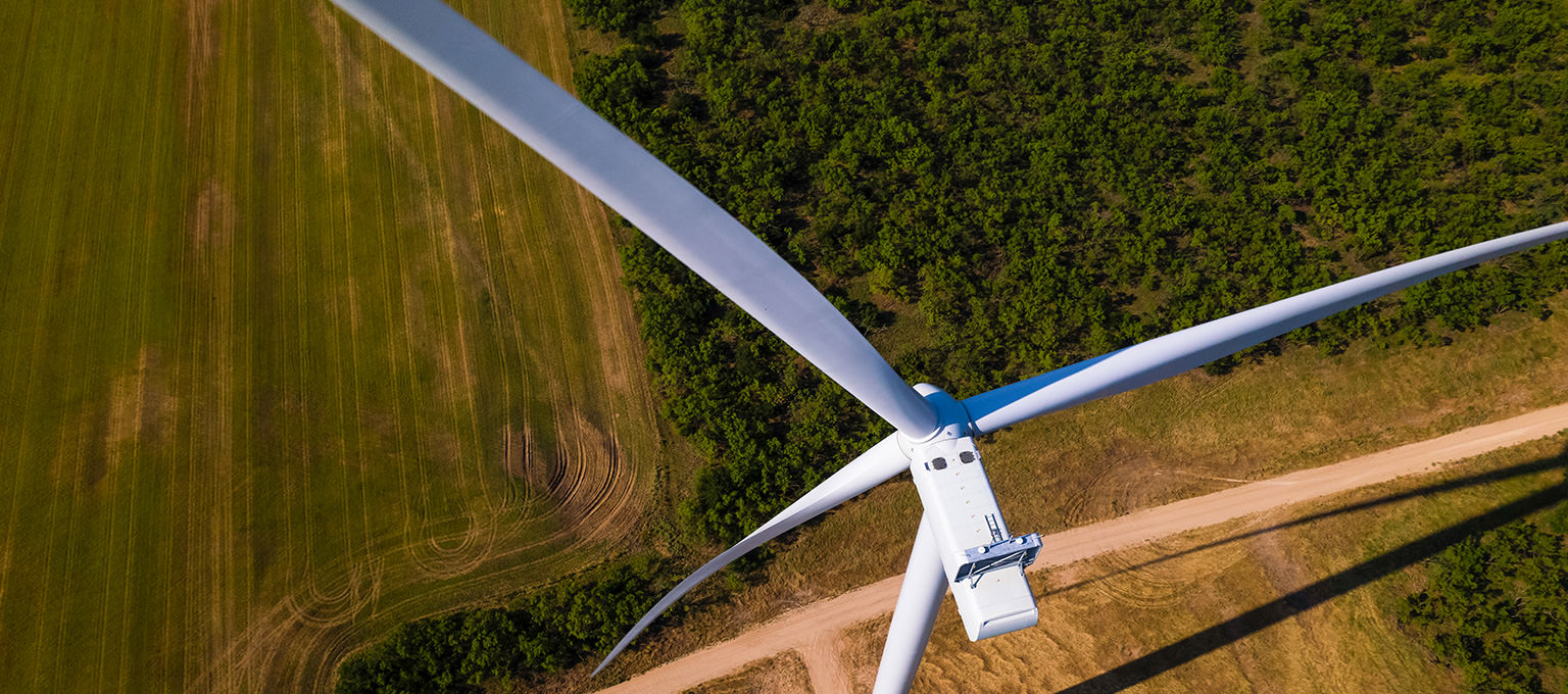 Aerial view directly above a wind turbine operated by Longroad Energy