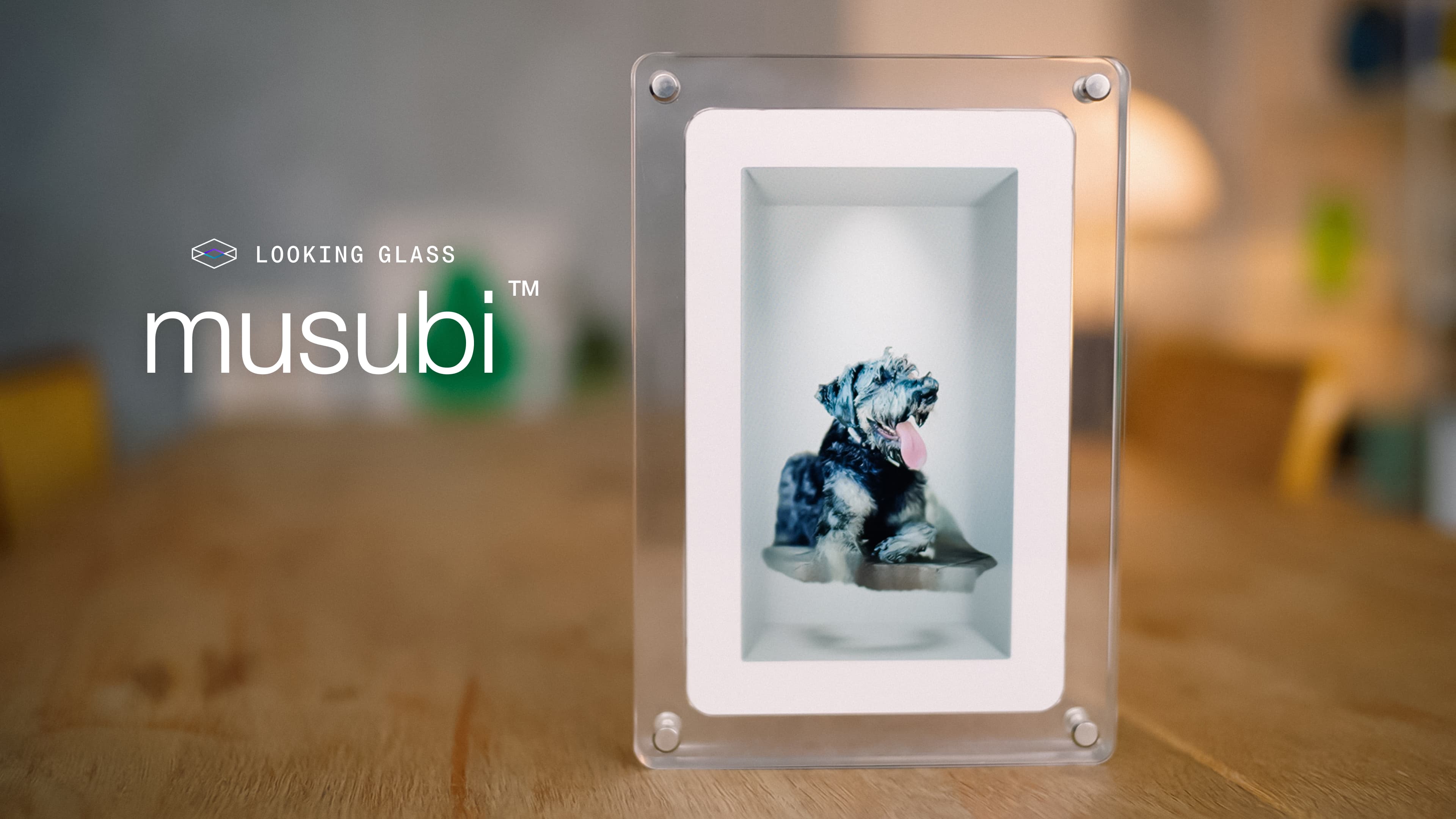 Looking Glass musubi photo frame displaying a dog on a tabletop