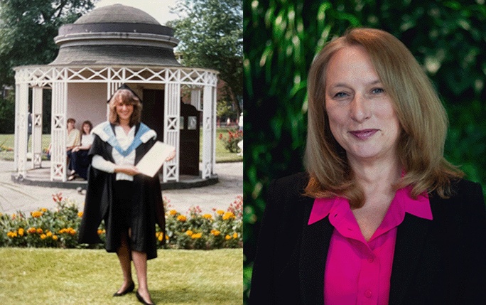 Lorna Green at her 1990 graduation in Abercromby Square, beside a later photograph of her as LYVA Labs CEO