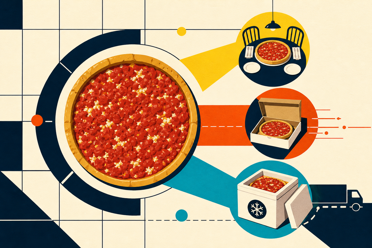 Geometric Swiss-style illustration of a deep-dish pizza connecting to a restaurant table, a delivery box and a refrigerated shipping package