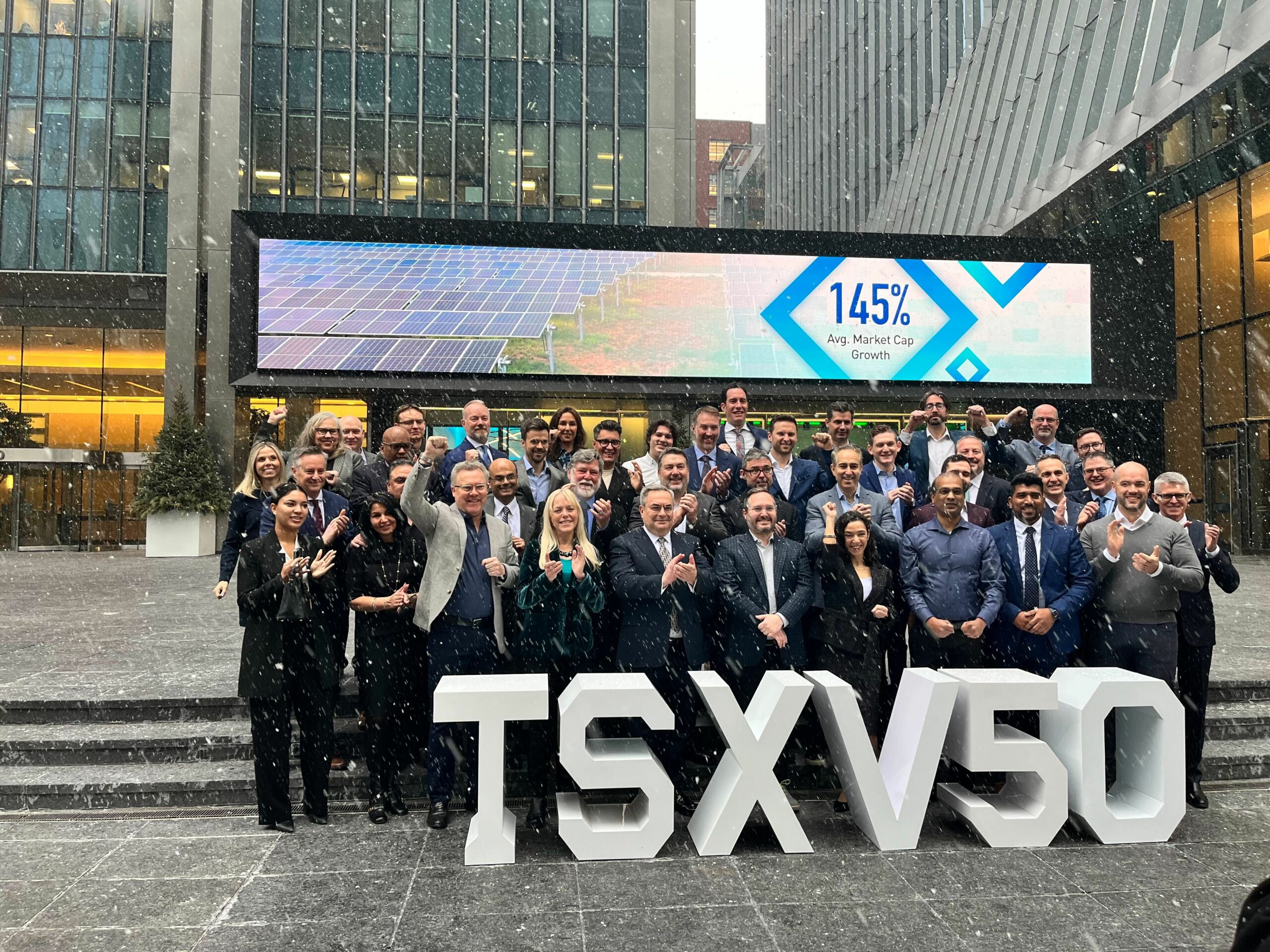 Participants gathered outdoors for the 2023 TSX Venture 50 event in Toronto, with large TSXV50 letters in front