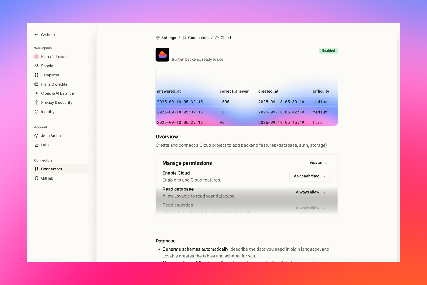 Official Lovable Cloud product illustration showing database and permission controls