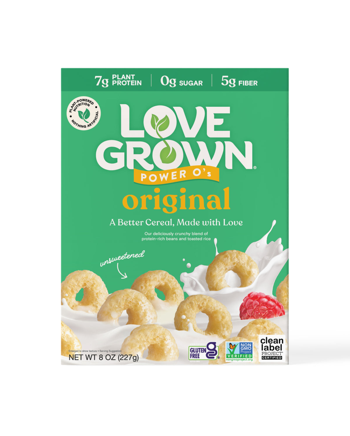 A green box of Love Grown Original Power O's cereal with bean-based cereal rings and nutrition callouts