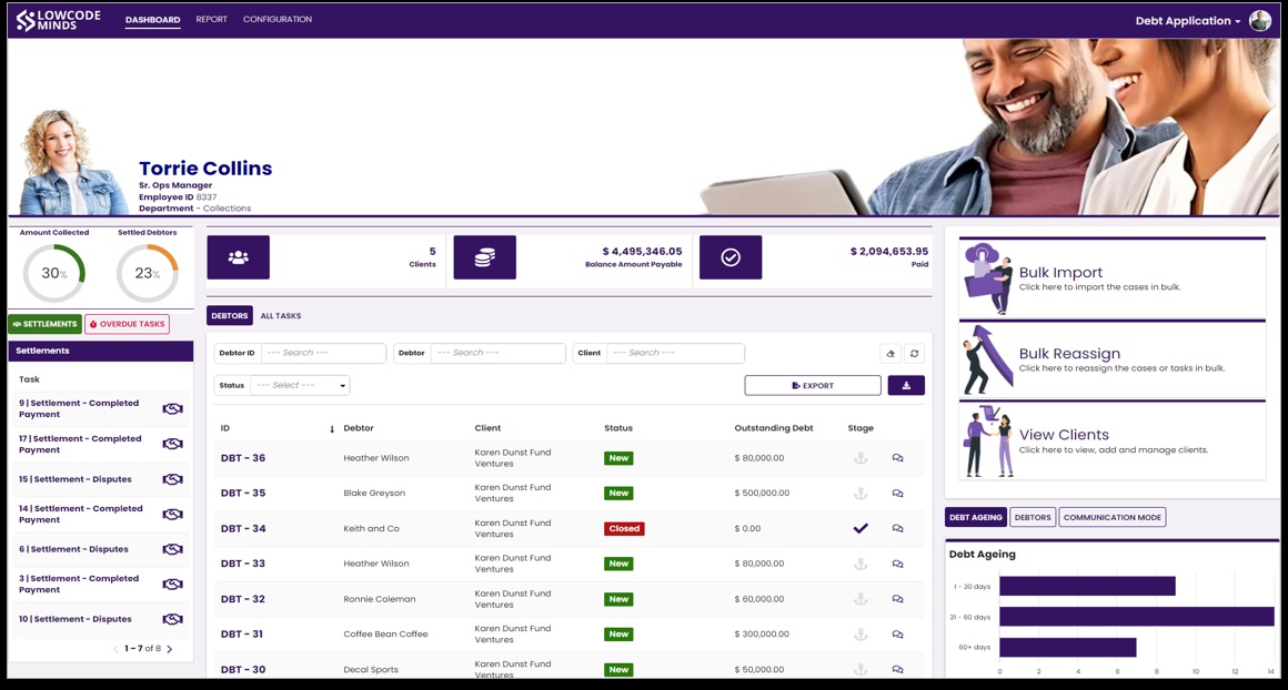 Recovr demonstration dashboard showing debtor accounts, settlements, tasks, and debt ageing