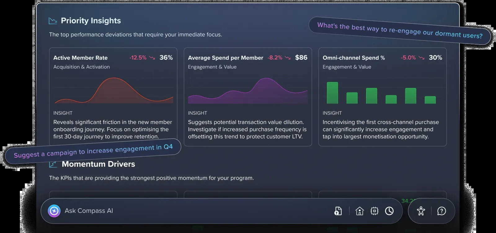 GRAVTY Compass product illustration showing priority insights and conversational prompts