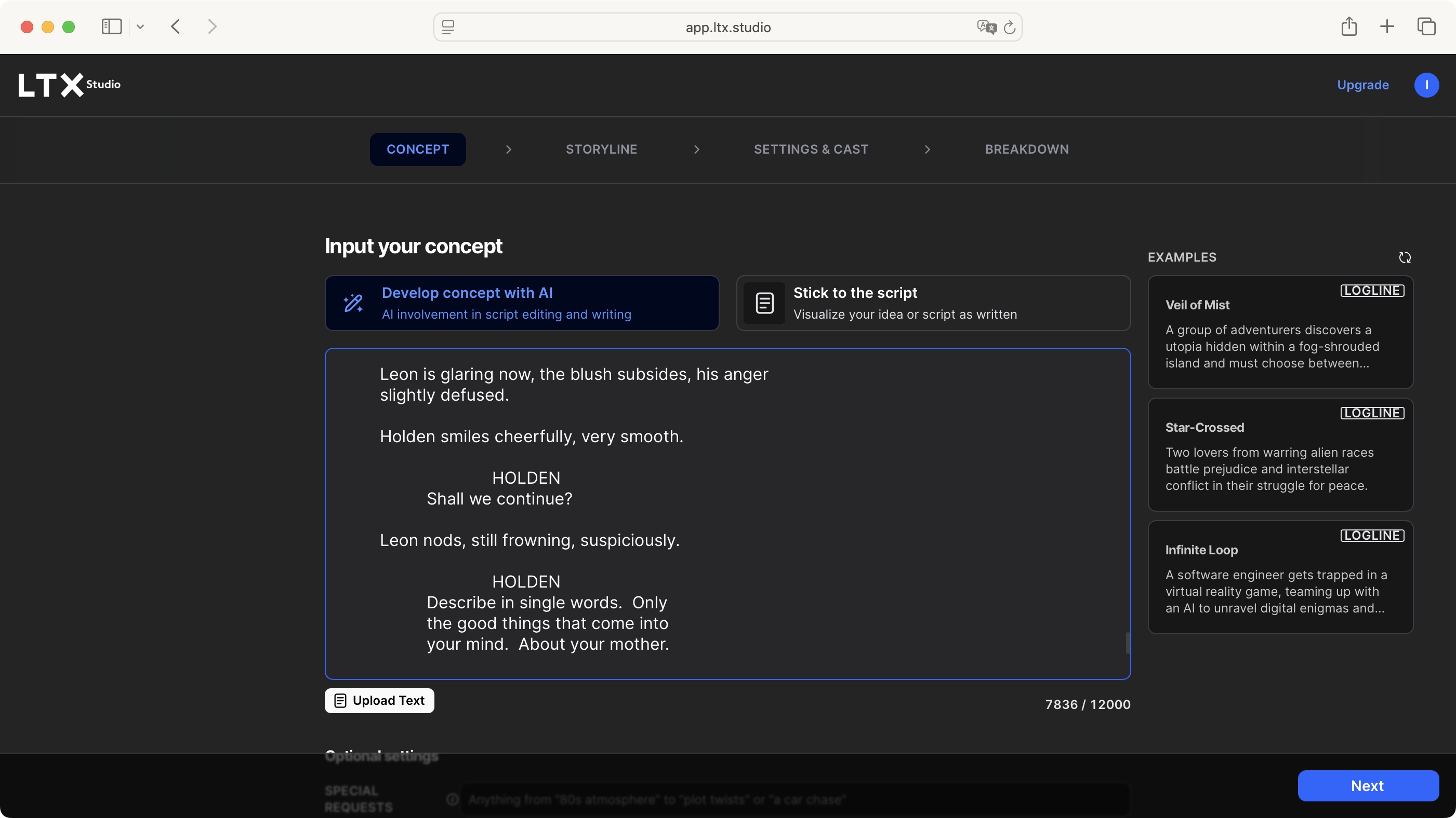 LTX Studio dark interface showing a detailed scene prompt and project controls