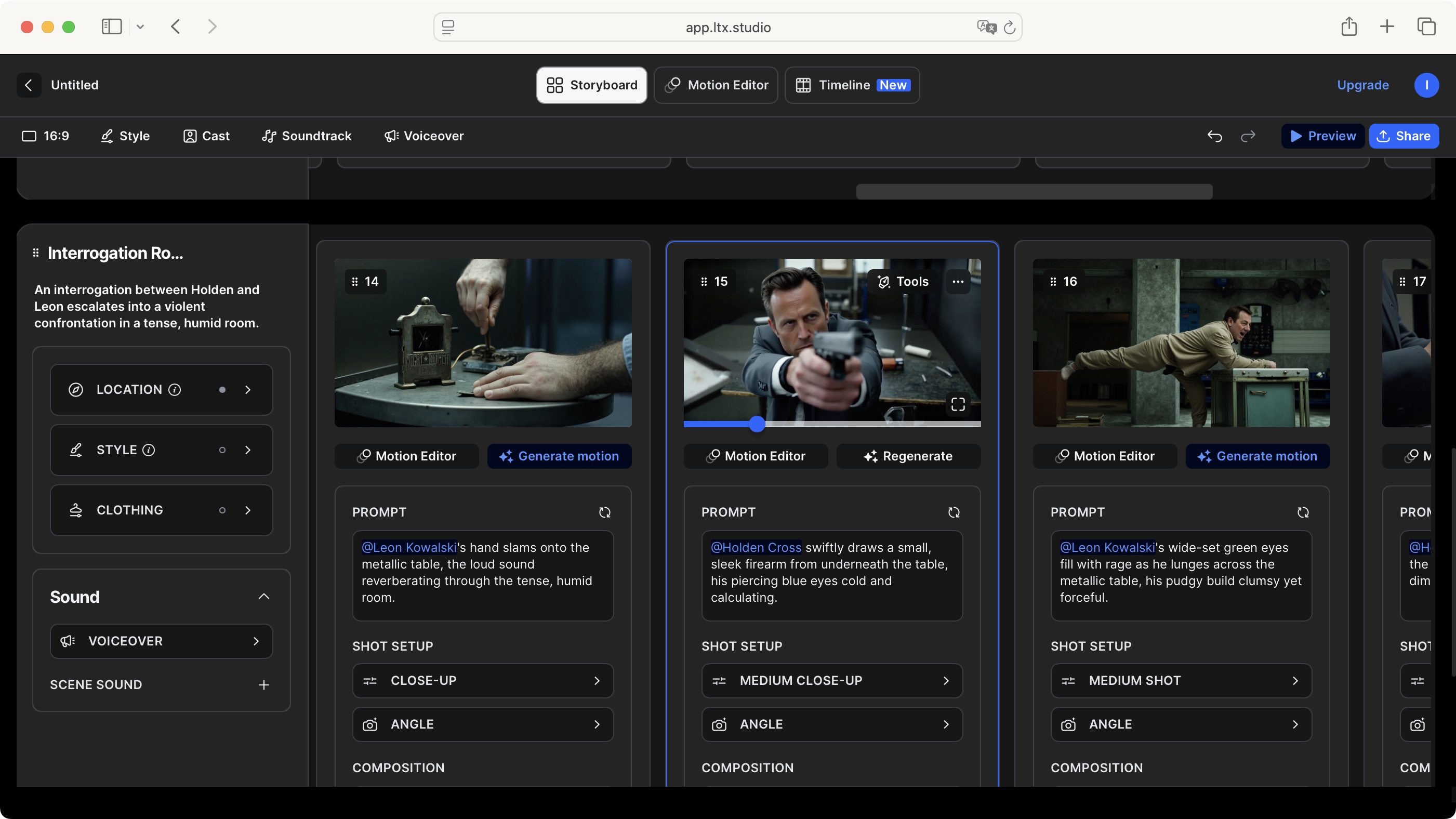 LTX Studio interface showing generated shots organized as a visual production board