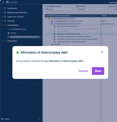 Lucanet interface showing automated consolidation logic and financial statements