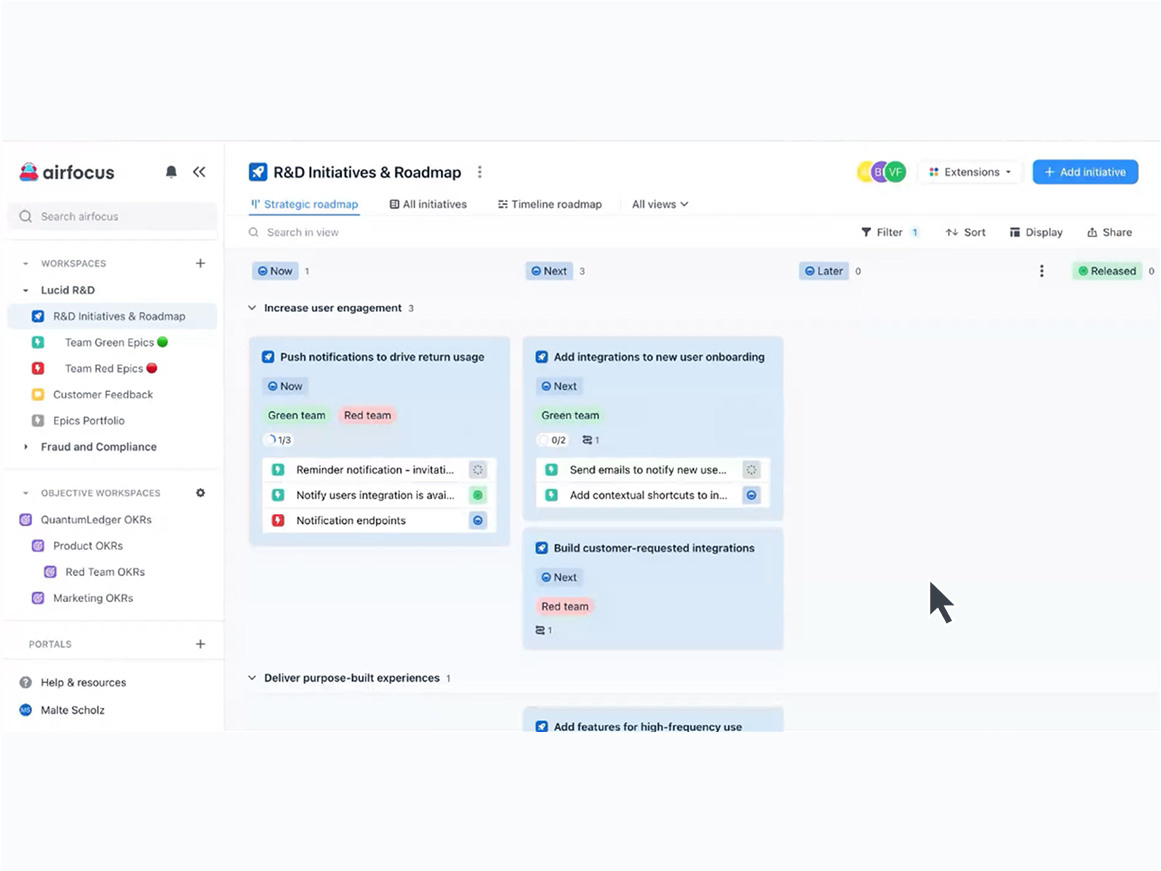 An airfocus product roadmap showing initiatives and engineering tasks