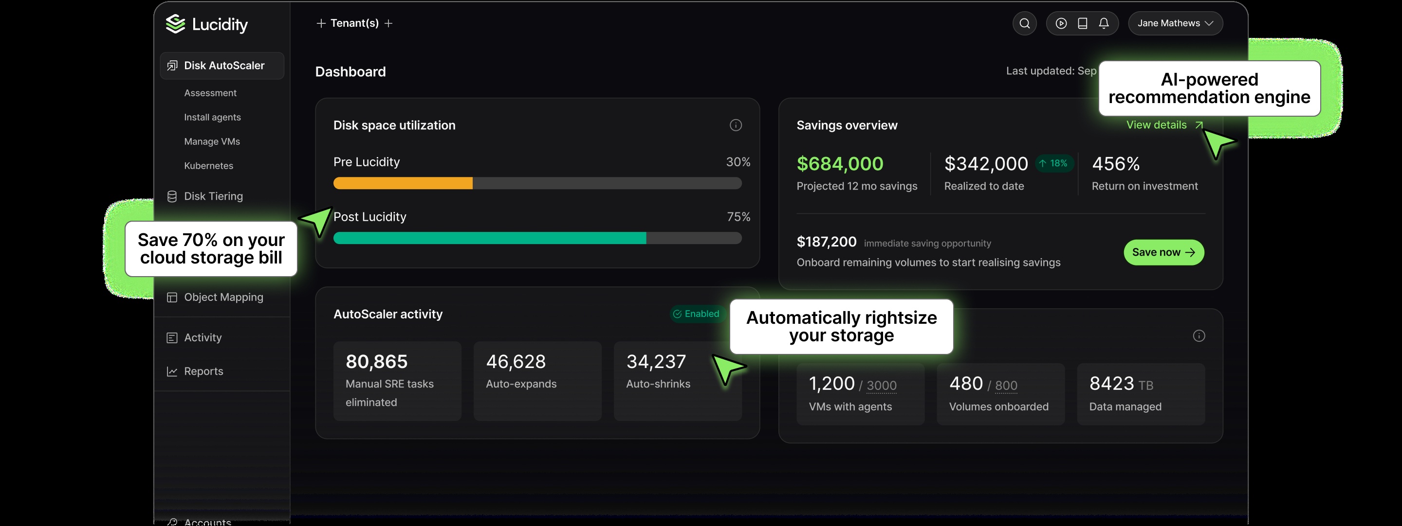 Lucidity product dashboard showing storage metrics and optimization views