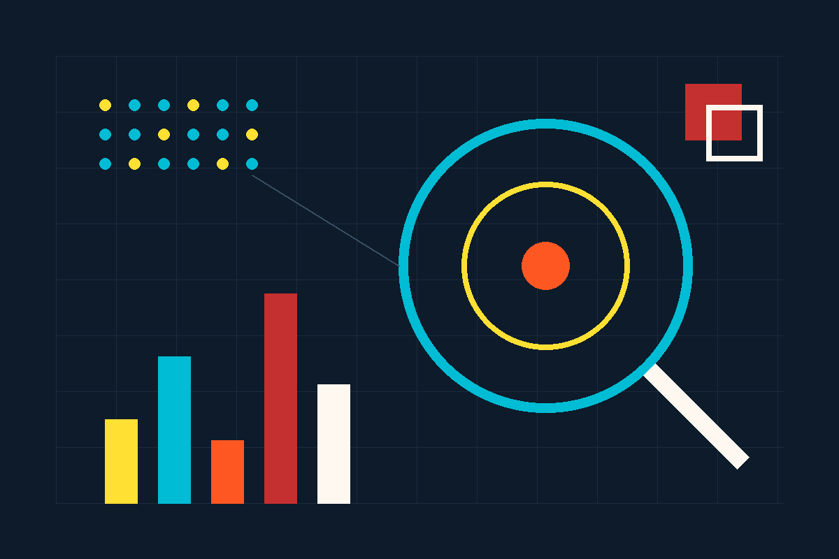 Swiss-style graphic: a teal magnifying-glass ring focusing on a target, with a bar chart and a grid of signal dots