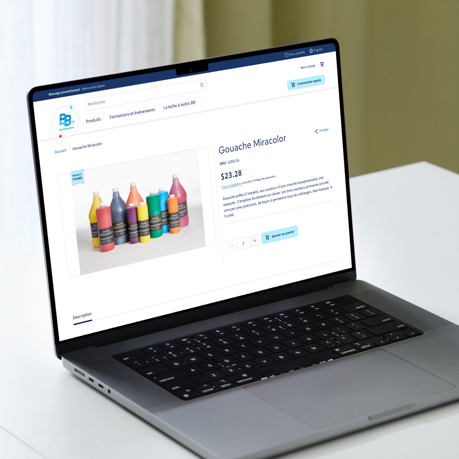 Laptop displaying a Brault and Bouthillier institutional ecommerce order screen
