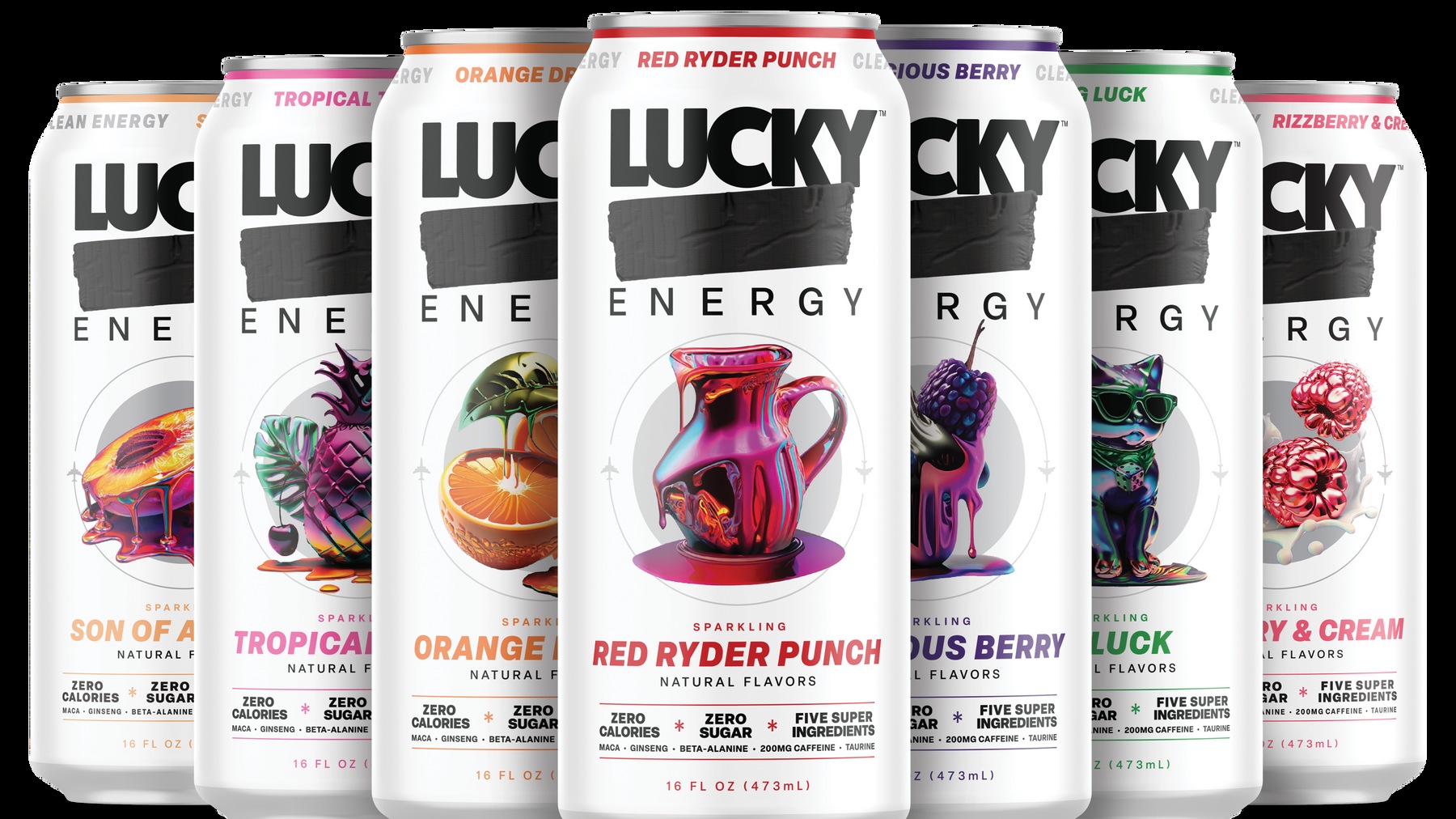 Seven Lucky Energy cans with different flavor designs