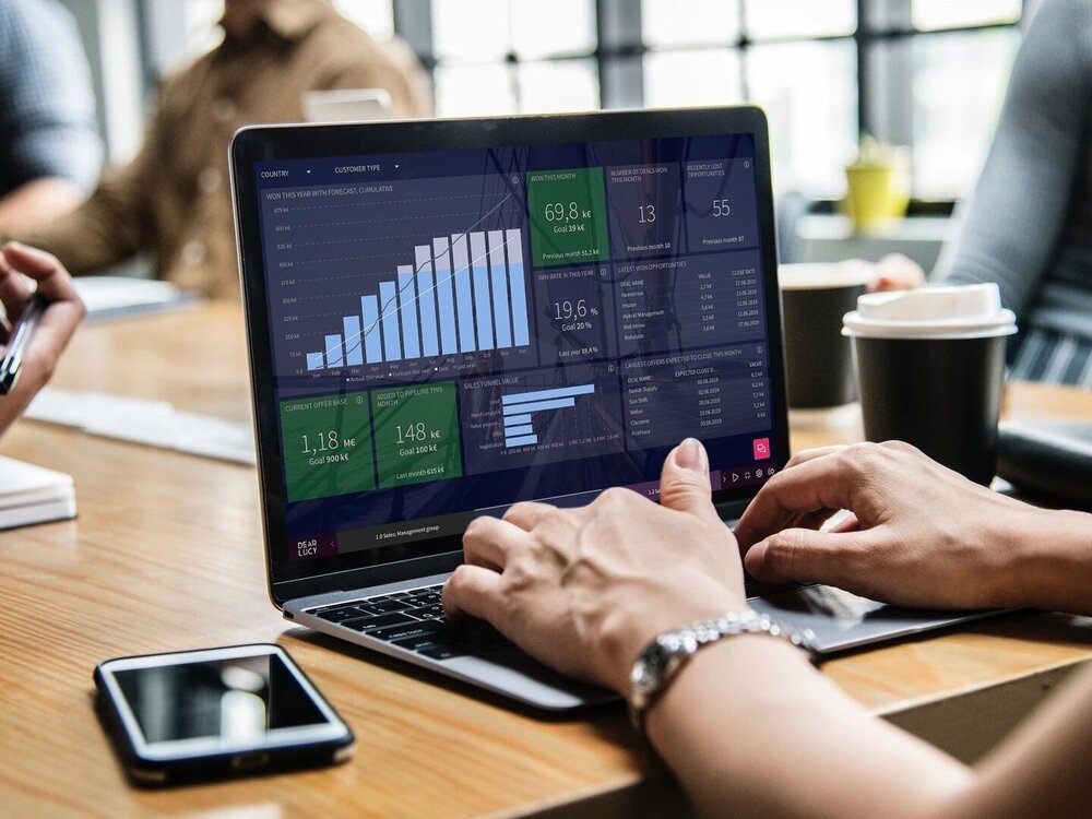 Illustrative photograph of a laptop displaying business charts, published on LUIPOS's website
