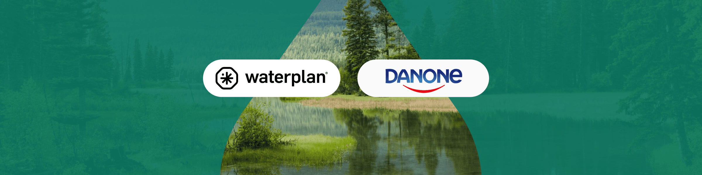 Official Waterplan and Danone webinar artwork over a lake and forest landscape